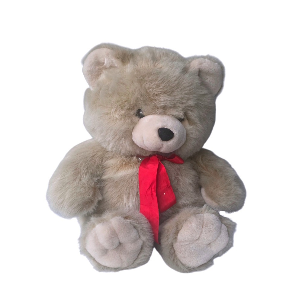 Playful Pals Mervyns Vintage Tan Teddy Bear Plush Red Ribbon 15 inch